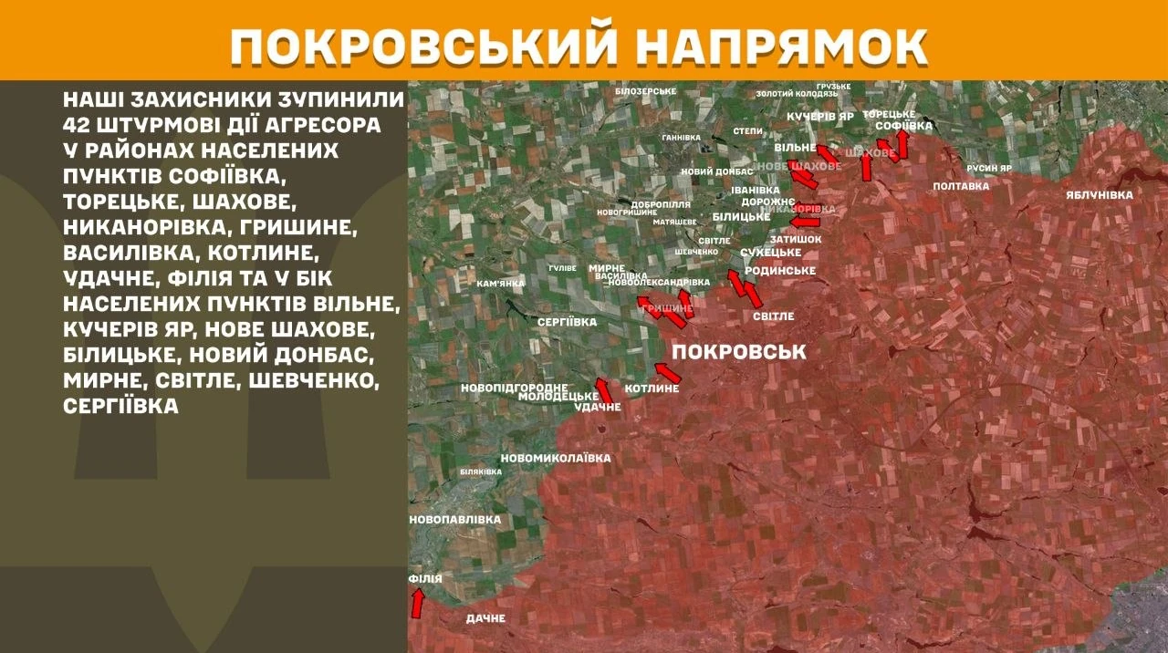 Мапа фронту з виділеним Покровським напрямком, де Генштаб ЗСУ зафіксував 42 штурми за добу 22 липня 2026 року
