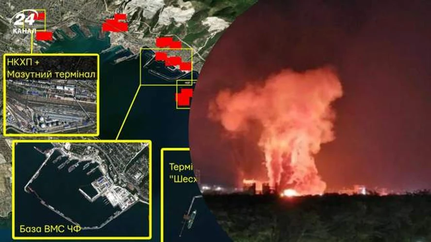 Супутникові знімки уражень об'єктів у Новоросійську, зокрема терміналів НКХП і «Шесхаріс»